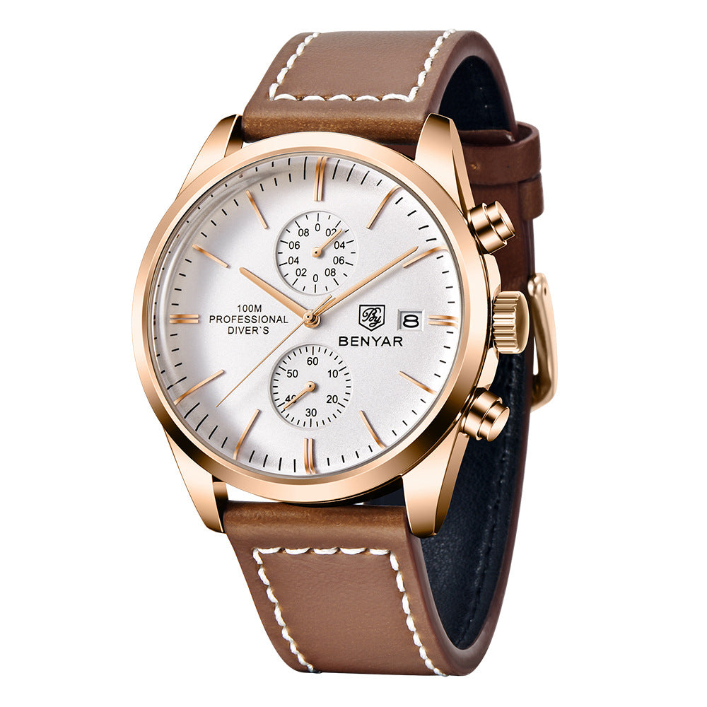 Benyar BY5187 Multifunctional Quartz Leather Watch With Leisure Calendar